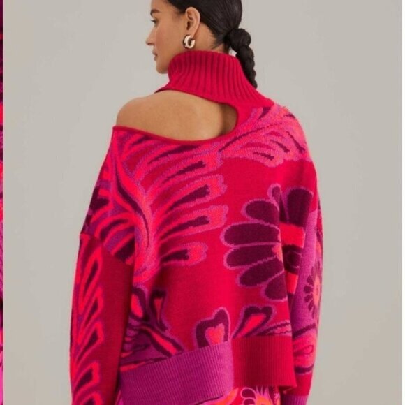 Farm Rio Vibrant Floral Cable Knit Sweater • Pink Botanical Print • Size M - Picture 6 of 8